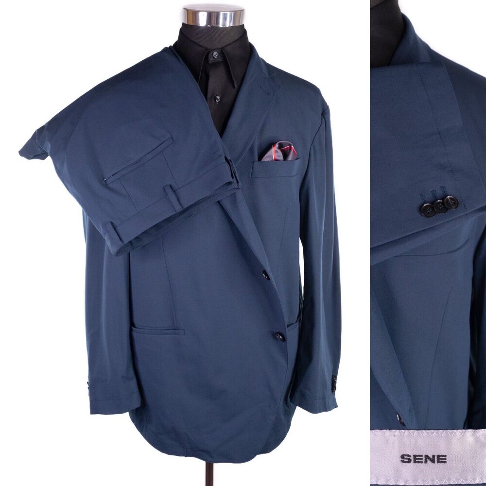 Sene Solid Blue Stretch 2-Pcs Blazer Jacket Sz 56R Pants Sz 42x29 Poly Blend EUC